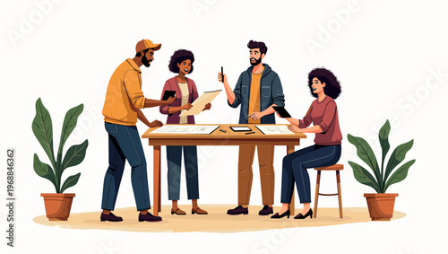 A stylized illustration of a potted plant with large green leaves in a brown pot on a white background.