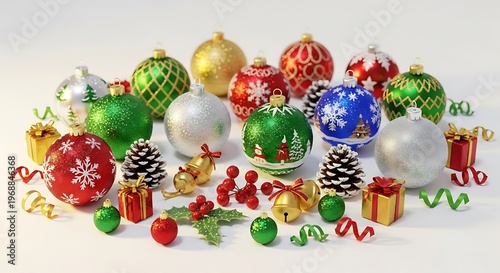 Assorted vibrant Christmas ornaments, pinecones, gifts, and ribbon on a white backdrop