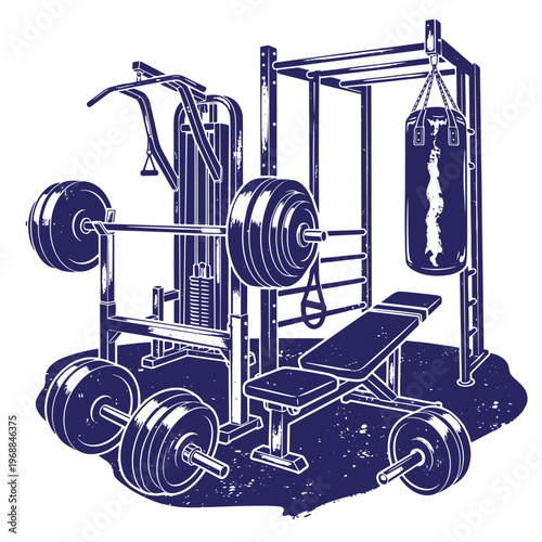 Dark blue ink of a gym interior featuring a heavy barbell on a squat rack a weight bench a lat pulldown machine and a hanging punching bag on a textured floor background