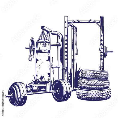 Dark blue ink of a gym power rack with a hanging punching bag a barbell with weight plates and a stack of three rubber tires on a white background