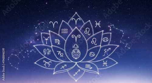 Astral lotus flower with zodiac symbols against starry night