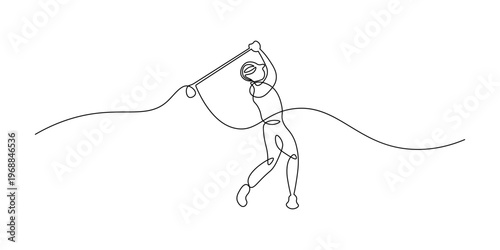 A male golfer completing a powerful follow-through after striking the golf ball, depicted in a flowing continuous one-line art style against a stark white background