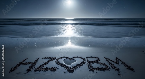 Beach at night with moonlight reflecting on wet sand, artfully written initials