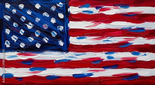 Bold, impressionistic painted flag with thick strokes, abstract stars, and stripes in red, white, and blue