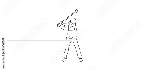A male golfer poised in the ready position before a powerful swing, presented as a focused continuous one-line drawing with a straight baseline, emphasizing anticipation and concentration.