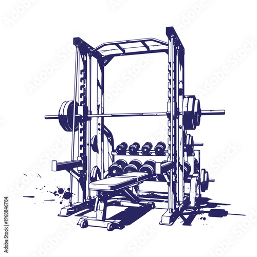 Dark blue ink of a smith machine power rack with a weight bench and barbell plates isolated on a white background