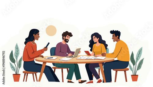 An illustrated potted plant on a stool with a simple and modern design. Perfect for adding a touch of nature to any room or office.