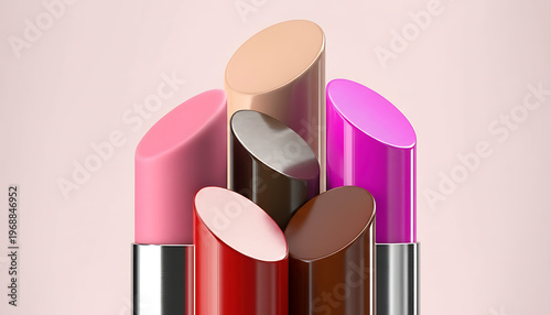 Luxury Lipstick Collection Close-Up – Vibrant Beauty Makeup Shades on Soft Pink Background.