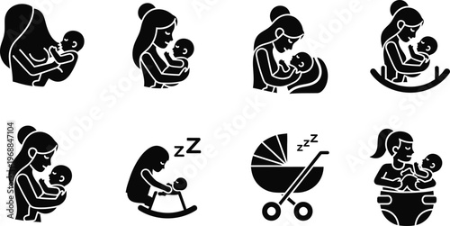 Motherhood icons a collection of black silhouette illustrations depicting maternal care