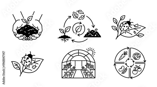 Organic Farming and Sustainable Agriculture Icons on Isolated White Background, Illustrating Ecological Food Production Cycles