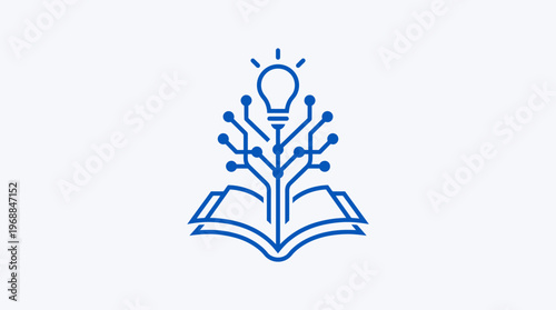Abstract digital book icon with integrated circuit board lines and a glowing light bulb, representing e-learning, technology, and innovative knowledge, in bright studio.