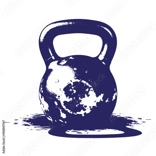 Dark blue kettlebell silhouette with a distressed grunge texture and ink splatter effect on a white background representing fitness and strength training equipment