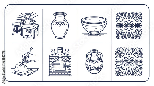 Pottery Making and Ceramic Art Icons on Isolated White Background, Showcasing Traditional Craftsmanship and Cultural Heritage