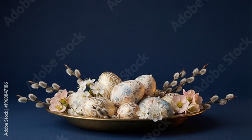 Elegant Easter eggs with floral gold patterns in brass bowl, surrounded by pussy willow branches and blossoms on deep navy background. Refined festive spring composition