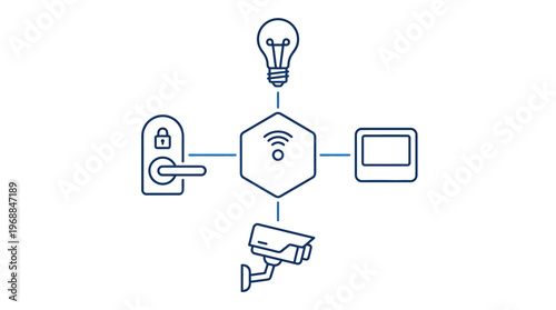 Smart Home Security and Automation System Icons on Isolated White Background, Connecting Devices for Intelligent Living