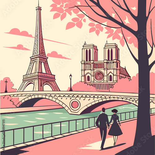 Couple walks along seine river in paris