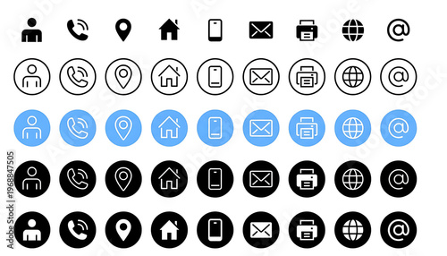 Minimalist Contact Icons Set – Modern UI Communication Symbols in Multiple Styles on White Background.