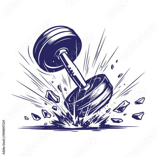 Dark blue of a heavy metal dumbbell smashing into the ground with flying debris and motion lines on a white background