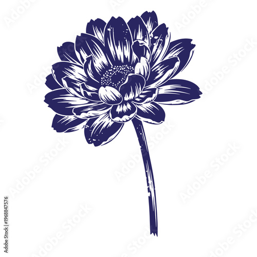 Dark blue silhouette of a blooming dahlia flower with a textured stem and petals isolated on a white background