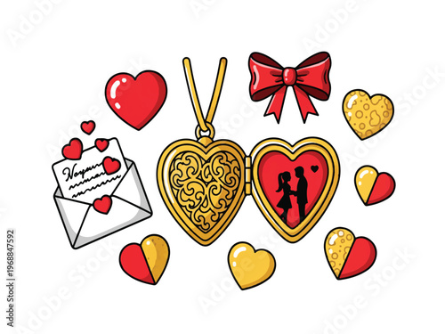Valentines day symbols and objects including heart shaped lockets and letters  love and romance concept