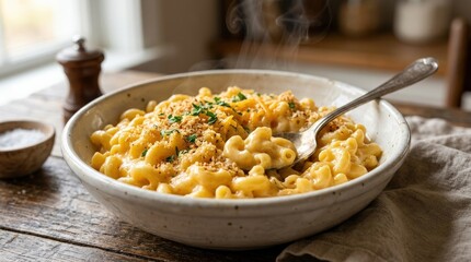 American-style mac and cheese in a bowl, creamy cheddar sauce coating tender macaroni with a rich golden gloss, comforting homemade dish mood, soft side light, visible steam and appetizing texture,