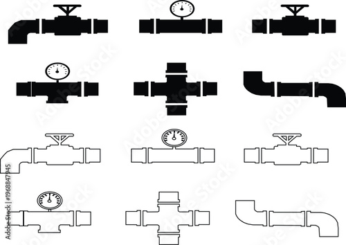 A grid of black and white silhouettes and outlines depicting various pipe fittings. including straight pipes, e-blows, T-junctions, valves with handle, and pressure gauges, set on white background.