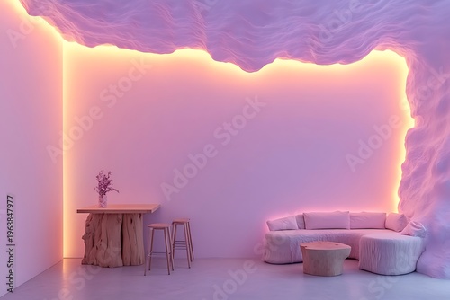 Surreal pink and purple cloud-like interior with modern furniture Image