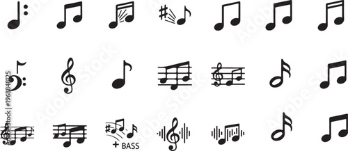 A collection of black music notes and symbols on a white background.