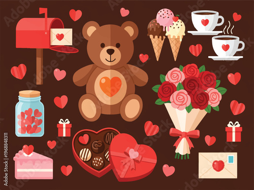 Valentines Day themed icons and objects including teddy bear roses chocolates and gifts  symbols of love and affection