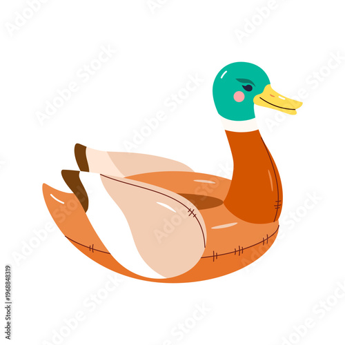 Inflatable children's swimming pool life ring, in shape of mallard duck. Cute vector illustration of air mattress for summer sea vacation design isolated on white background.

