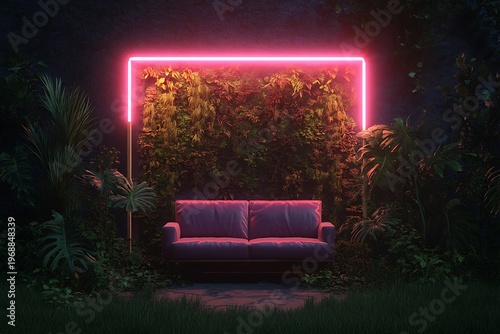 Surreal pink neon glow illuminates lush greenery and a purple sofa Image