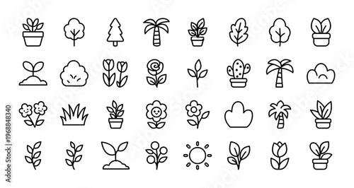 A charming collection of cute flat line plant icons including trees, flowers, leaves, cactus, and potted plants. Perfect for gardening themes, eco design, apps, and nature related projects.