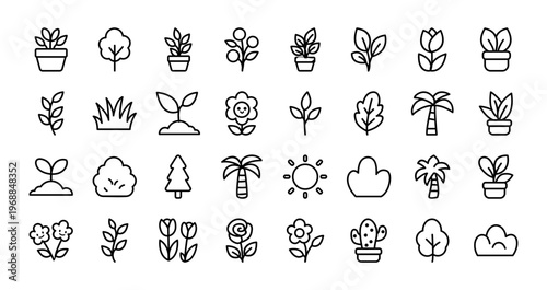 A charming collection of cute flat line plant icons including trees, flowers, leaves, cactus, and potted plants. Perfect for gardening themes, eco design, apps, and nature related projects.