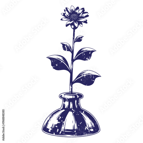 Dark blue silhouette of a single sunflower growing from a vintage glass inkwell with a distressed weathered texture and bold lines on a white background