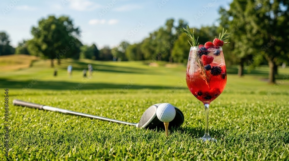 Obraz premium Golf club, ball, and a refreshing red cocktail with berries and rosemary sit on bright green grass. Sunny afternoon light creates a warm, inviting atmosphere. Perfect for leisure and relaxation, golf,