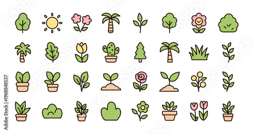 A charming collection of cute flat line plant icons including trees, flowers, leaves, cactus, and potted plants. Perfect for gardening themes, eco design, apps, and nature related projects.