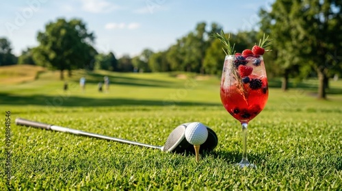 Golf club, ball, and a refreshing red cocktail with berries and rosemary sit on bright green grass. Sunny afternoon light creates a warm, inviting atmosphere. Perfect for leisure and relaxation, golf,