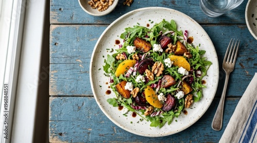 Vibrant and nutritious arugula, roasted beet and crumbled goat cheese salad on a wide ceramic plate with a fork, scattered toasted walnuts, thin radicchio ribbons, fresh orange segments and a drizzle