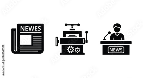 News media icons newspaper vintage camera and news reporter at desk