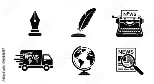 Black and white icons depicting writing news delivery and global communication