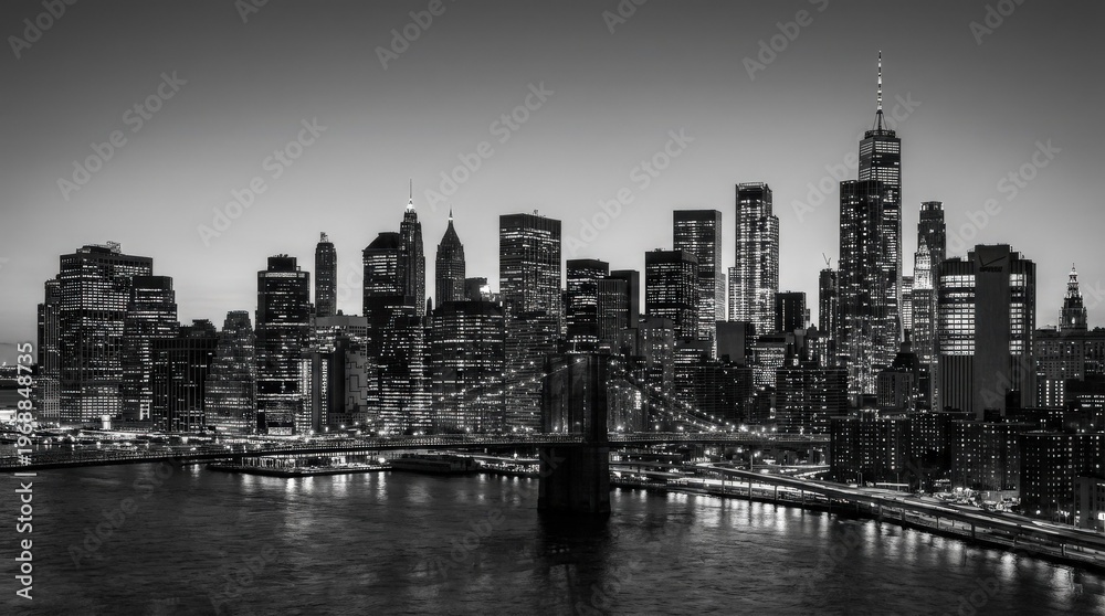 Fototapeta premium New York City night panorama, expansive urban skyline after dark, dense layers of high-rises and glass towers, river-edge reflections and crisp architectural geometry, featuring manhattan, bridge,