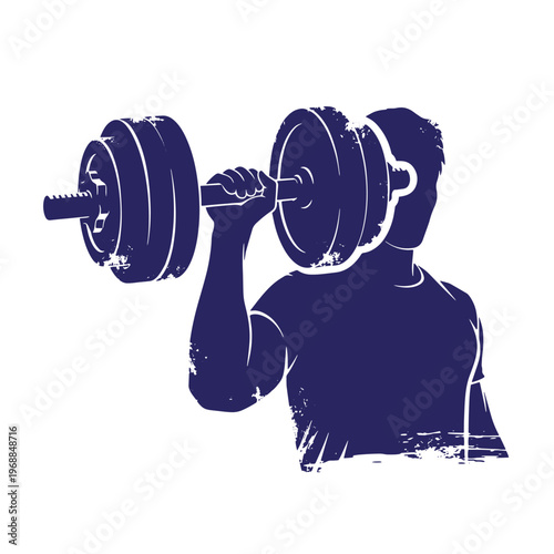 Silhouette of a man lifting a heavy dumbbell with a distressed texture effect in dark blue ink on a white background representing strength and fitness training