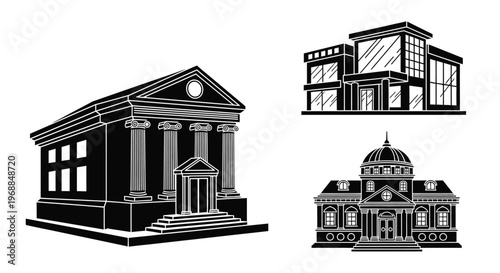 Black and white illustration of three distinct architectural building facades