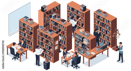 People browsing and studying in a large library with many bookshelves.