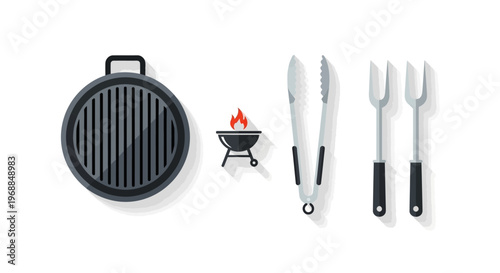 Outdoor Barbecue Grilling Tools Set with Grill, Flames, Tongs, and Forks on White Background