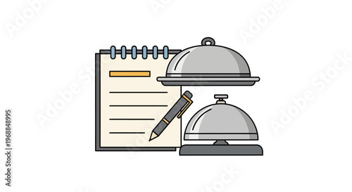 Restaurant Order Taking and Room Service Items with Notebook, Pen, and Serving Bells on White Background
