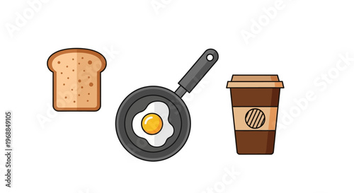 Fried Egg in Frying Pan with Toast Bread and Coffee Cup, Breakfast Scene on Isolated White Background