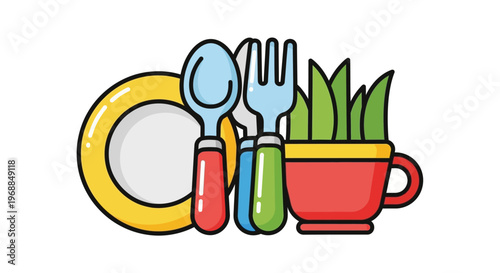 Clean Dishes and Cutlery Set with Green Plant in a Cup, Isolated White Background