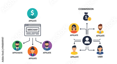 A detailed infographic illustrating the concept of affiliate marketing with various people and commission