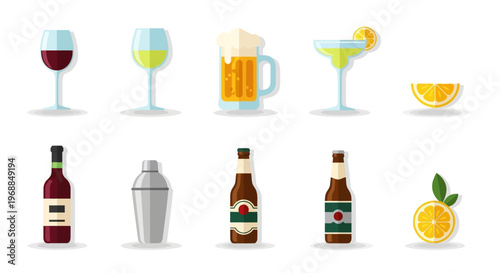Assorted Alcoholic Beverages and Cocktail Mixing Tools on Light Green Background